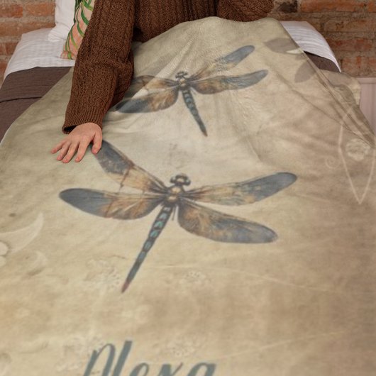ヴィンテージトンボと名前をカスタムする/モノグラム フリースブランケット