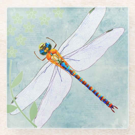 ヴィンテージトンボの色あせたフローラ背景 ガラスコースター (正面)