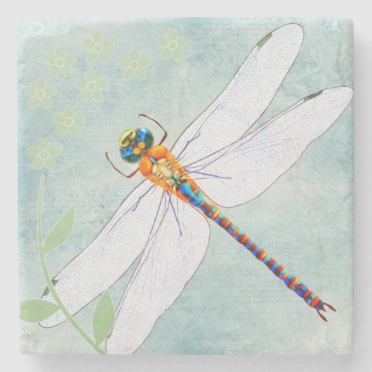 ヴィンテージトンボの色あせたフローラ背景 ストーンコースター (正面)