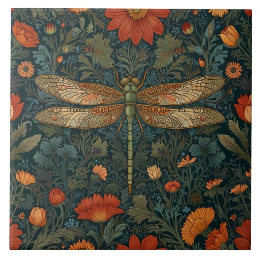 ヴィンテージトンボフローラグリーンリーbohoシック タイル (正面)