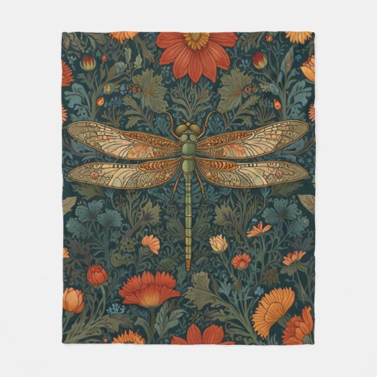 ヴィンテージトンボフローラグリーンリーbohoシック フリースブランケット (正面)