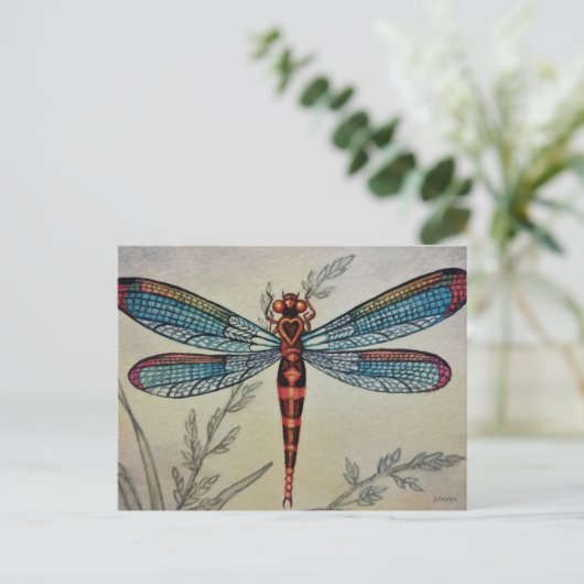 ヴィンテージトンボNo.1とグラスウォーターカラーアート ポストカード (スタンド正面)