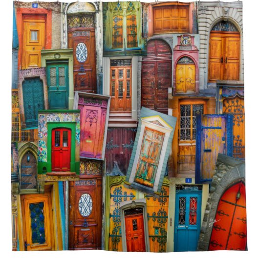 ヴィンテージドアのコラージュパタカラフルーン シャワーカーテン (正面)