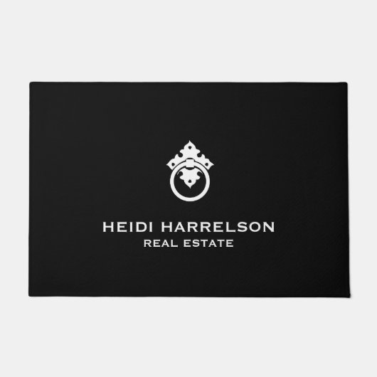 ヴィンテージドアノッカーロゴ不動産仲介業者ブラック ドアマット (正面)