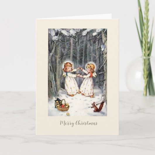 ヴィンテージドイツのクリスマスカードの天使の森 シーズンカード (正面)