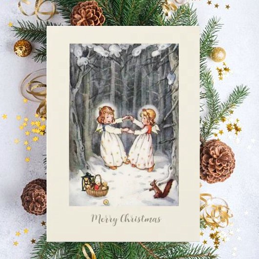 ヴィンテージドイツのクリスマスカードの天使の森 シーズンカード