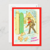 ヴィンテージドイツのクリスマス葉書コピーボーイ&ピッグ シーズンポストカード (正面/裏面)