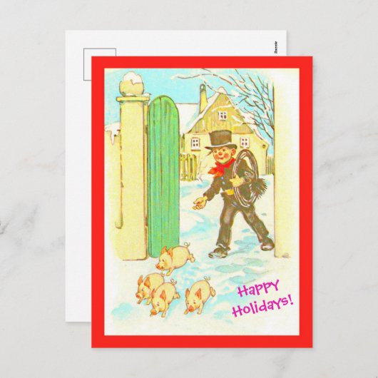 ヴィンテージドイツのクリスマス葉書コピーボーイ&ピッグ シーズンポストカード (正面/裏面)