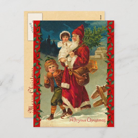 ヴィンテージドイツのサンタと子供のはがき シーズンポストカード (正面/裏面)