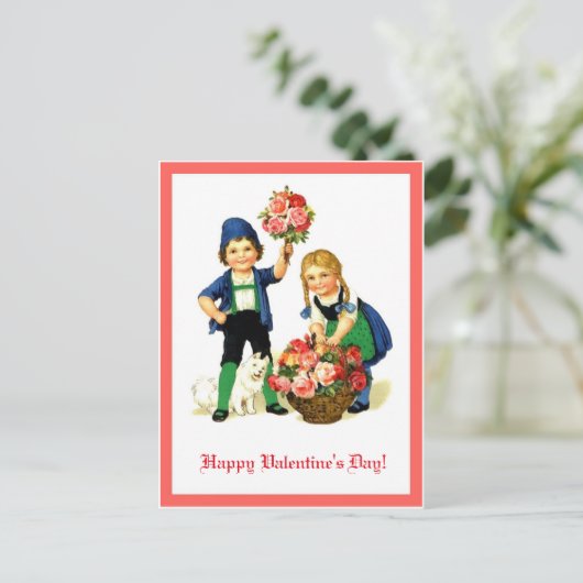 ヴィンテージドイツのバレンタインの子供と花のコピー ポストカード (スタンド正面)