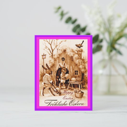 ヴィンテージドイツの復活祭バニーのシーン（変更されたコピー） ポストカード (スタンド正面)