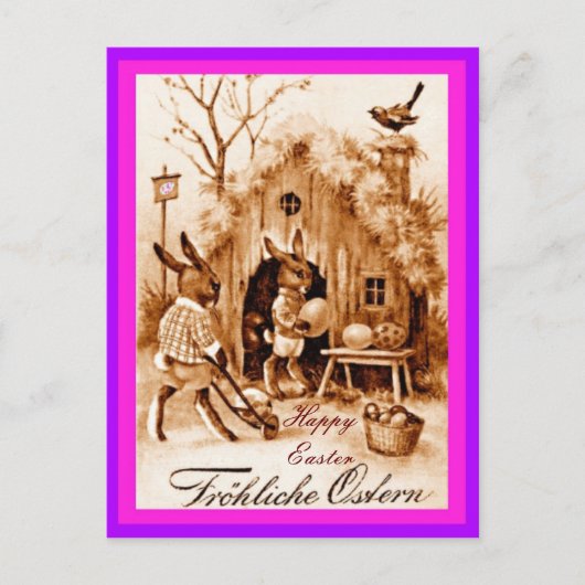 ヴィンテージドイツの復活祭バニーのシーン(変更されたコピー) ポストカード (正面)