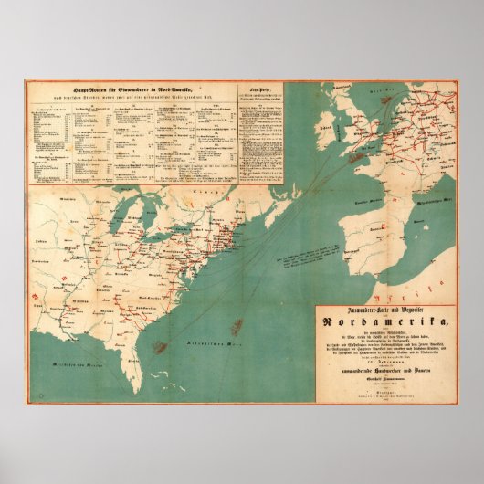 ヴィンテージドイツの米国移民地図（1853年） ポスター (正面)