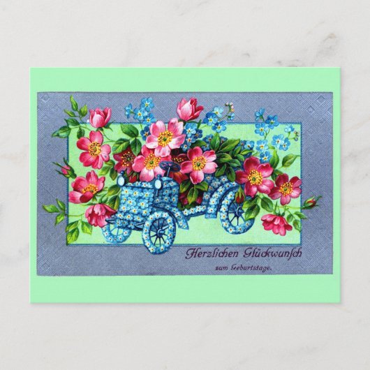 ヴィンテージドイツの花の車ハッピーバースデー ポストカード (正面)