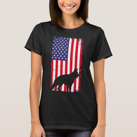 ヴィンテージドイツ羊飼い犬米国国旗Jの4日 Tシャツ (正面)