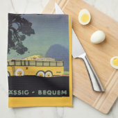 ヴィンテージドイツ、黄色のバスで夜、旅行アート キッチンタオル (四つ折り)