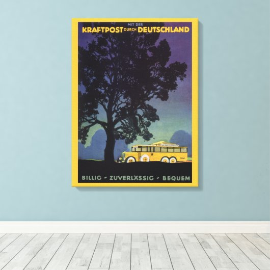 ヴィンテージドイツ、黄色のバスで夜、旅行アート キャンバスプリント (インサイチュ (ウッドフロア))