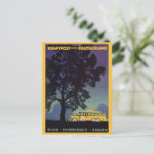 ヴィンテージドイツ、黄色のバスで夜、旅行アート ポストカード (スタンド正面)