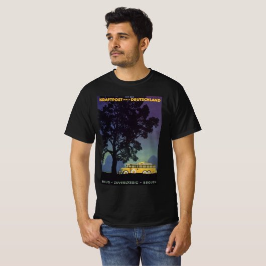 ヴィンテージドイツ、黄色のバスで夜、旅行アート Tシャツ (正面フル)