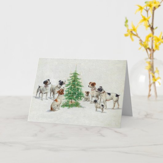 ヴィンテージドッグのまわりにクリスマスツリーの挨拶 カード (黄色い花)