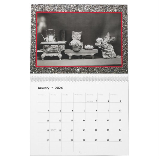 ヴィンテージドッグキャットフォトグリッターかわいい12ヶ月 カレンダー (1月 2026)