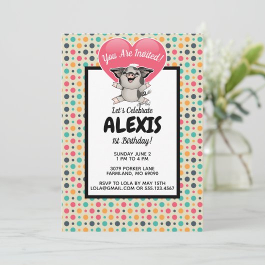 ヴィンテージドットピギー誕生日パーティフォト招待状 招待状 (スタンド正面)