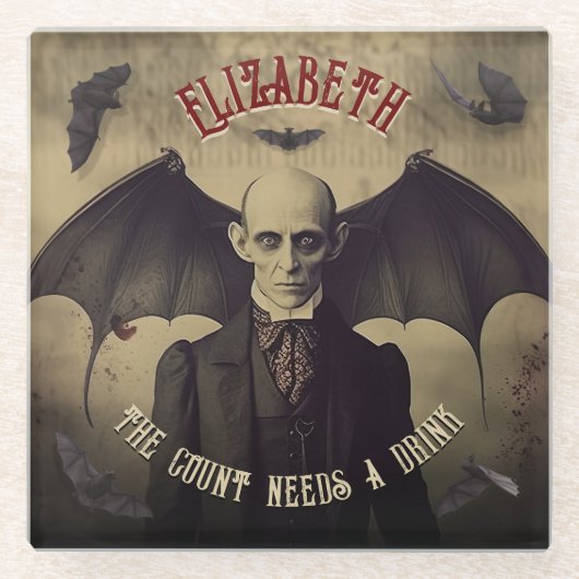 ヴィンテージドラキュラとこうもりハロウィーン ガラスコースター (正面)