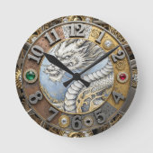 ヴィンテージドラゴンクロック、金ゴールド、宝石、アート ラウンド壁時計 (正面)