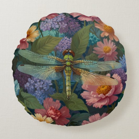 ヴィンテージドラゴンフライボホシックなパステルフローラ ラウンドクッション (正面)
