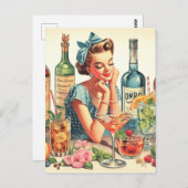 ヴィンテージドリンクガールイラストレーション ポストカード (正面/裏面)