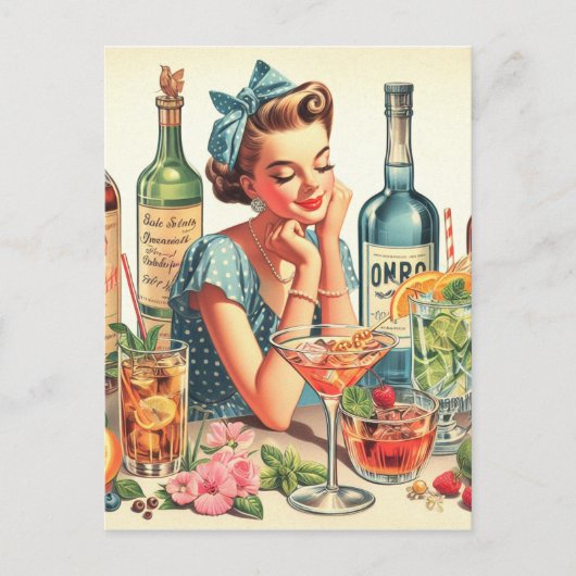 ヴィンテージドリンクガールイラストレーション ポストカード (正面)