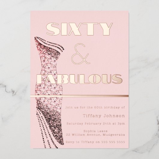 ヴィンテージドレス60th誕生日ファブラスバラ金ゴールド 箔招待状 (正面)