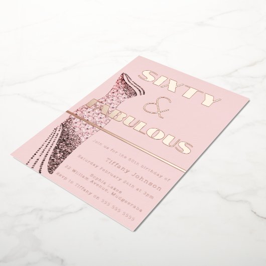 ヴィンテージドレス60th誕生日ファブラスバラ金ゴールド 箔招待状 (回転した状態)