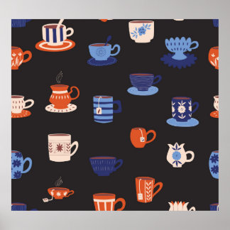 ヴィンテージドードルカップシームレス背景 ポスター