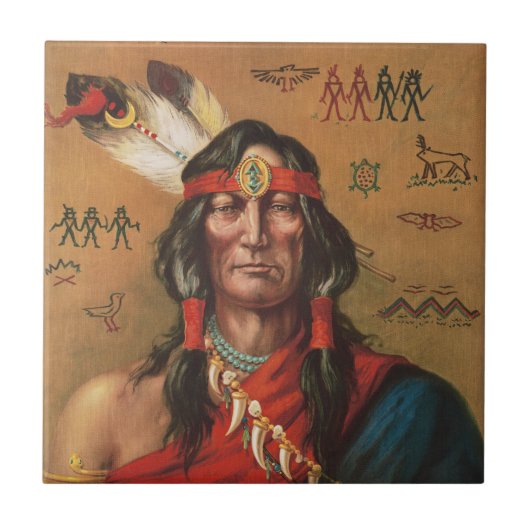 ヴィンテージナイティブアメリカンチーフ肖像画アート タイル (正面)