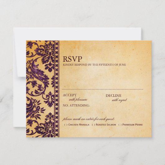 ヴィンテージナスのダマスクレース結婚式RSVP 出欠カード (正面)