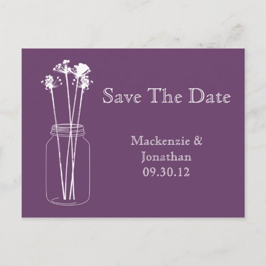 ヴィンテージナス紫のメイソンジャール日付を保存 案内ポストカード (正面)