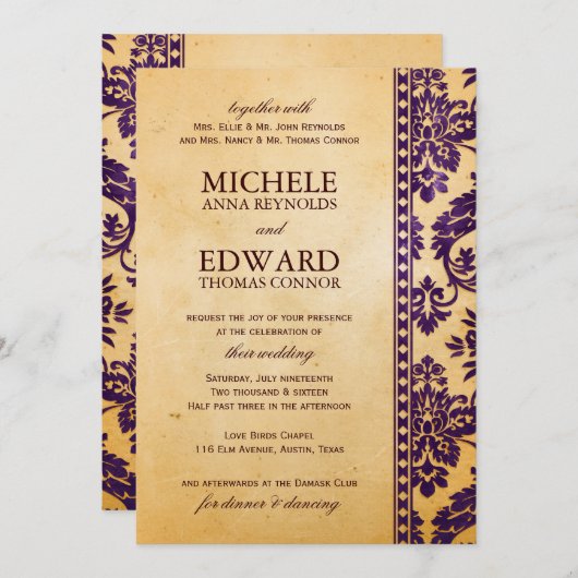 ヴィンテージナス結婚ダマスクレース 招待状 (正面/裏面)