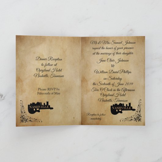 ヴィンテージナッシュビルギター折り畳み結婚式招待状 招待状 (内部)