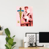 ヴィンテージナースとゴールドのカドゥケウスNRエンブレム ポスター (ホームオフィス)