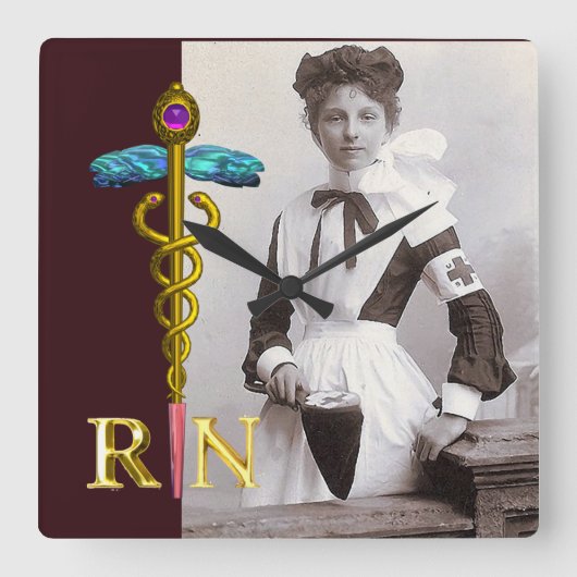 ヴィンテージナースと金ゴールドカドゥセウスNRエンブレム スクエア壁時計 (正面)