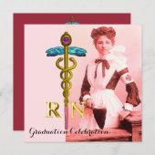 ヴィンテージナースと金ゴールドカドゥセスエンブレム卒業 招待状 (正面/裏面)