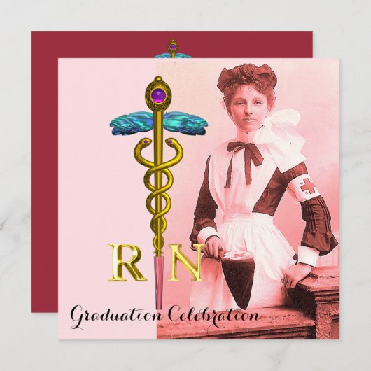 ヴィンテージナースと金ゴールドカドゥセスエンブレム卒業 招待状 (正面/裏面)