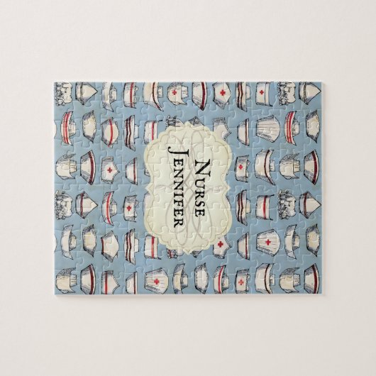 ヴィンテージナースキャップの青モノグラム名 ジグソーパズル (横)