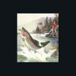 ヴィンテージニジマス漁師魚釣りfor Fish キャンバスプリント<br><div class="desc">ヴィンテージイラストレーションスポーツデザインは川の漁師魚釣りを特集。ニジマスが水から飛び出している。</div>