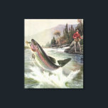 ヴィンテージニジマス漁師魚釣りfor Fish キャンバスプリント<br><div class="desc">ヴィンテージイラストレーションスポーツデザインは川の漁師魚釣りを特集。ニジマスが水から飛び出している。</div>