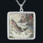 ヴィンテージニジマス漁師魚釣りfor Fish シルバープレートネックレス<br><div class="desc">ヴィンテージイラストレーションスポーツデザインは川の漁師魚釣りを特集。ニジマスが水から飛び出している。</div>