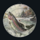 ヴィンテージニジマス漁師魚釣りfor Fish ダーツボード<br><div class="desc">ヴィンテージイラストレーションスポーツデザインは川の漁師魚釣りを特集。ニジマスが水から飛び出している。</div>