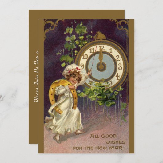 ヴィンテージニューイヤーアイリッシュラス時計の深夜 招待状 (正面/裏面)