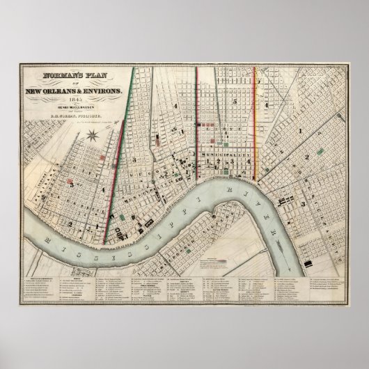 ヴィンテージニューオーリンズ・ルイジアナの地図（1845年） ポスター (正面)